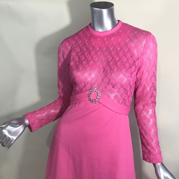 VINTAGE 70s Hot Pink Formal Maxi Dress Lace Crew Neck Long Sleeve Small Medium - Picture 3 of 16